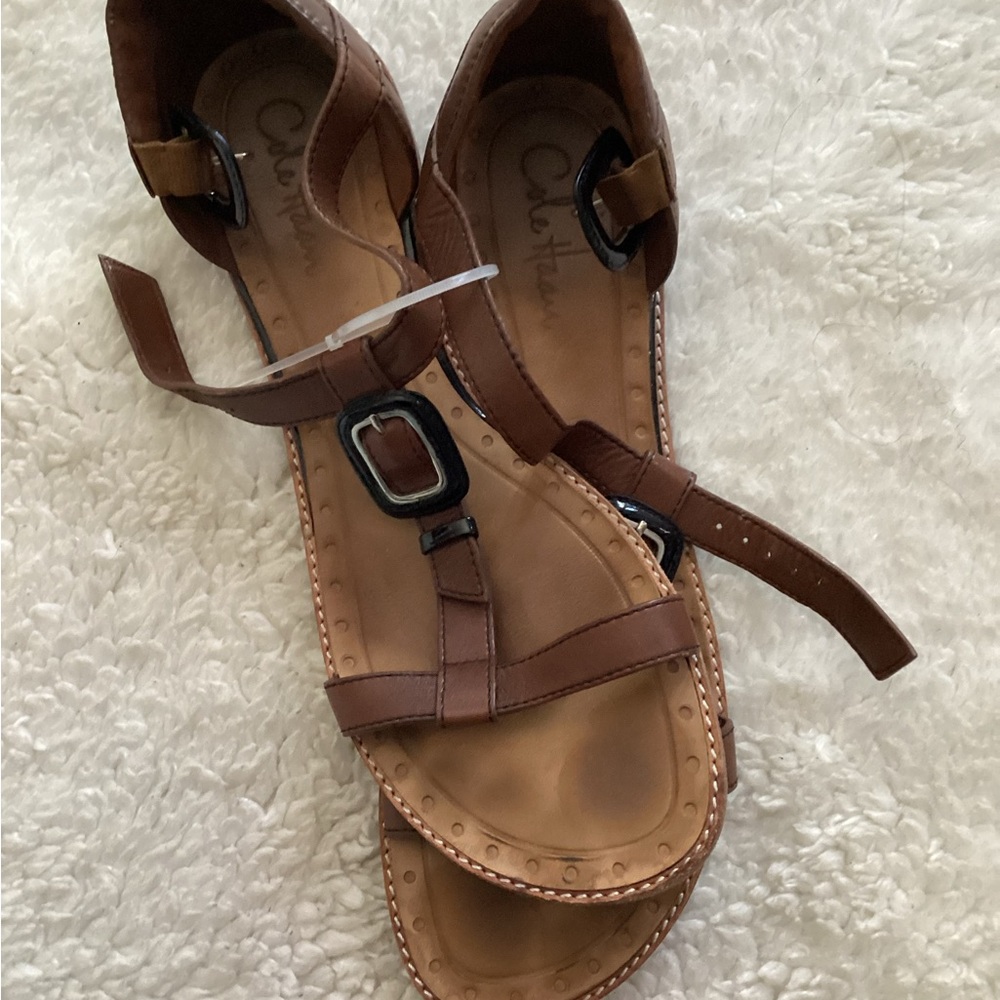 Cole Haan Brown Leather T-Strap Sandals with Black Buckles